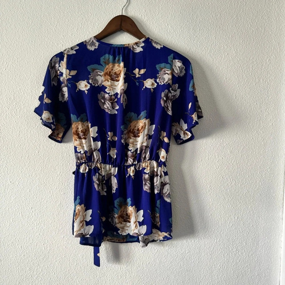 Wrap Top Blue Maximalist Floral Waist Tie Belt Sienna Sky Small Women’s Ruffle - Picture 13 of 14